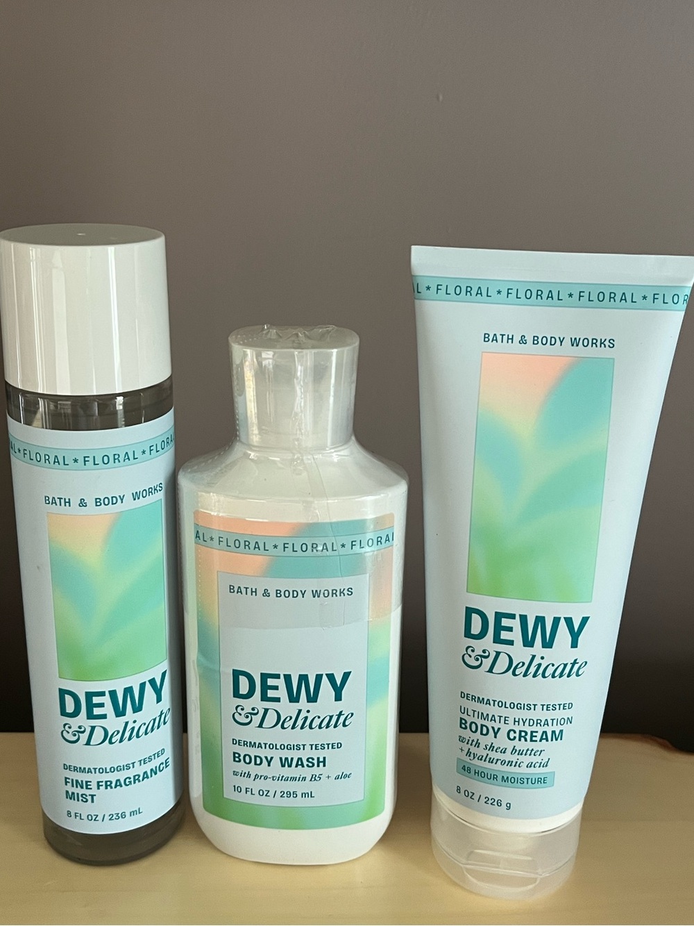 Bath & Body Works Dewy & Delicate Body Wash, Fragrance Mist & Body Cream Set